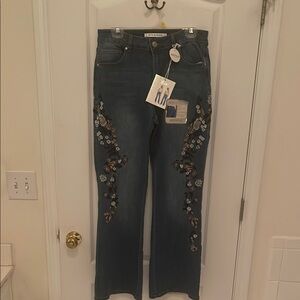 Dark Blue Bootcut Jeans with Floral Embroidery